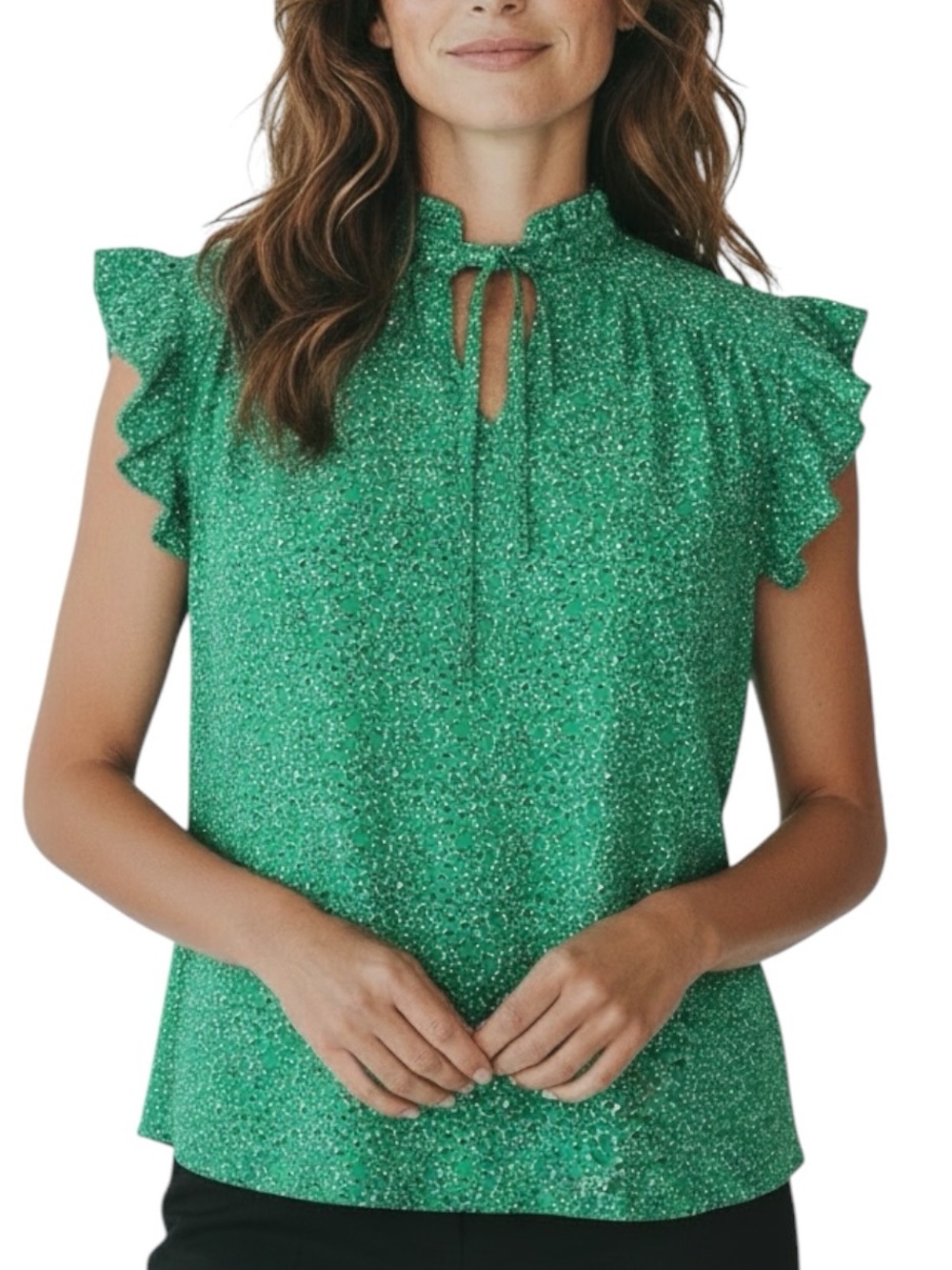 NWT ADRIANNA PAPELL Green Printed Flutter Sleeve Tie Neck Blouse Size X-Large